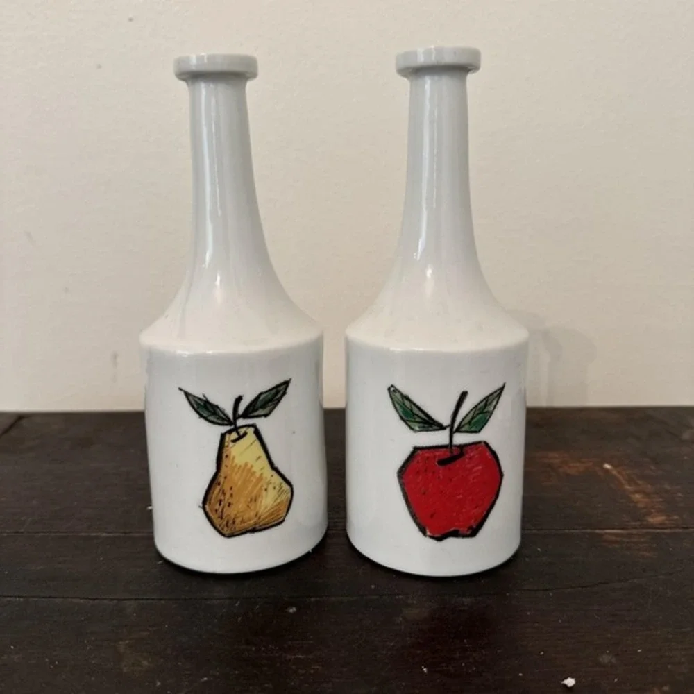 Long Neck Ceramic Oil and Vinegar Bottles‎ Made In Japan Fruit Art